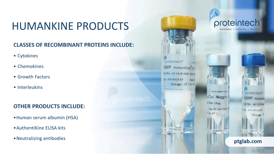List of Proteintech Humankine recombinant proteins and products made using Humankine human-cell expressed cytokines and growth factors