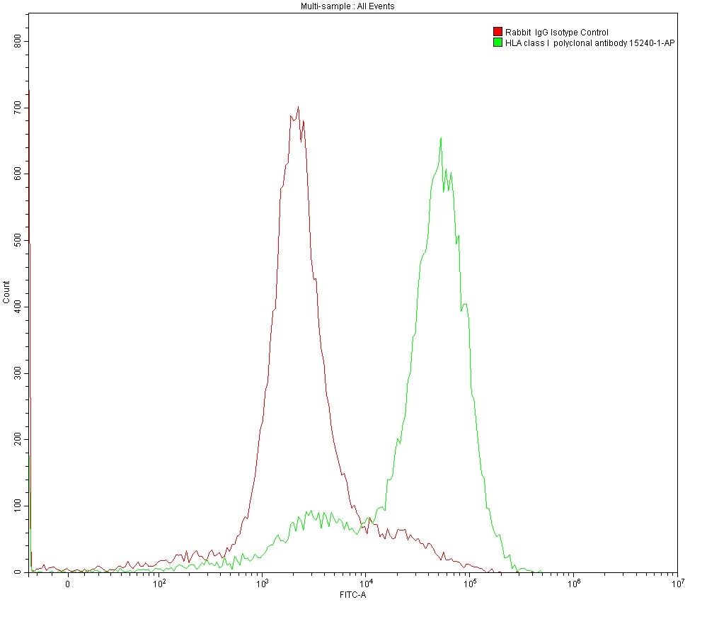 Flow cytometry (FC) analysis of 1X10^6 MOLT4 cells surface stained with 0.2 ug anti-HLA class I rabbit polyclonal antibody (15240-1-AP) and Rabbit IgG Isotype Control antibody (30000-0-AP).  Multi-rAb CoraLite® Plus 488-Goat Anti-Rabbit Recombinant Secondary Antibody (H+L) (RGAR002) was used for detection.