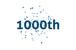 1,000th text with small confetti shapes on a white background.