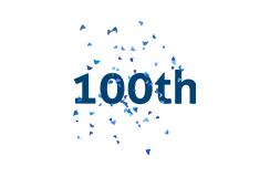 100th text with small confetti shapes on a white background.