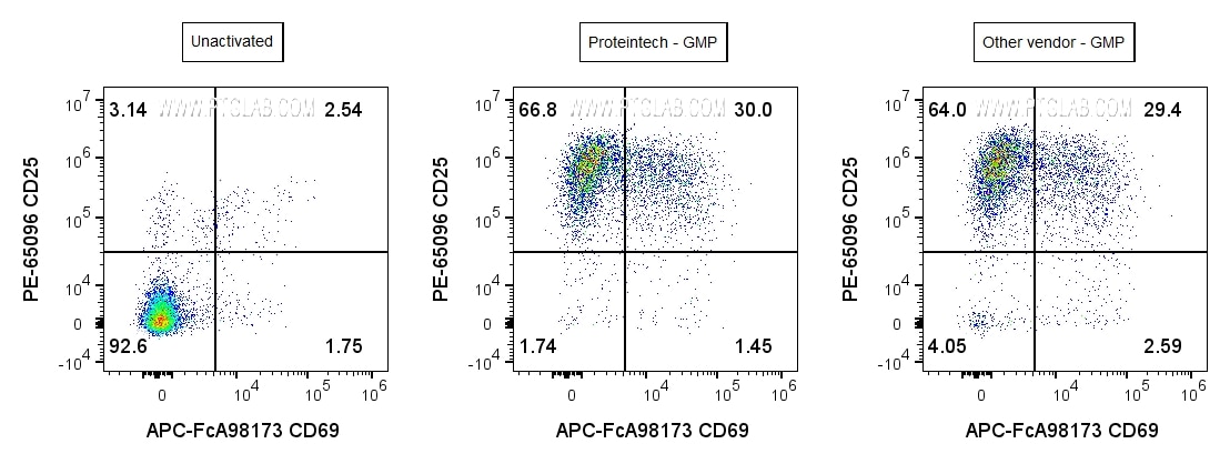 Comparison chart of GMP Mouse CD3 (OKT3 clone, D3) from Proteintech versus competitor vendor, showing performance data like staining intensity or purity