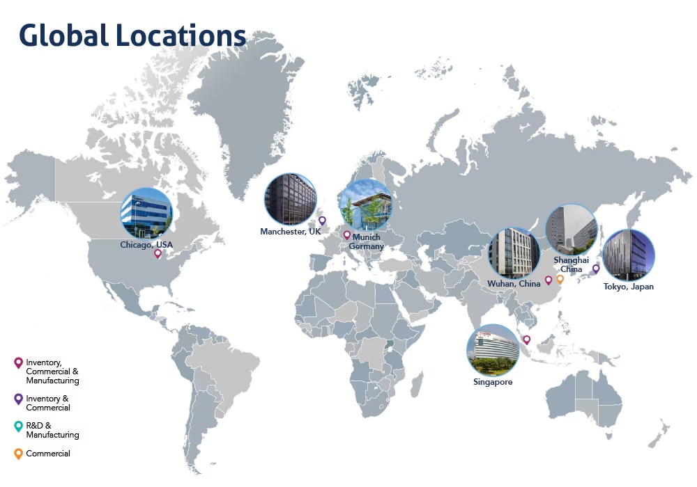 Map showing Proteintech Group's global offices across the US, UK, Germany, China, and Singapore