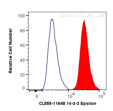 Flow cytometry (FC) experiment of HepG2 cells using CoraLite® Plus 555-conjugated 14-3-3 Epsilon Polyc (CL555-11648)