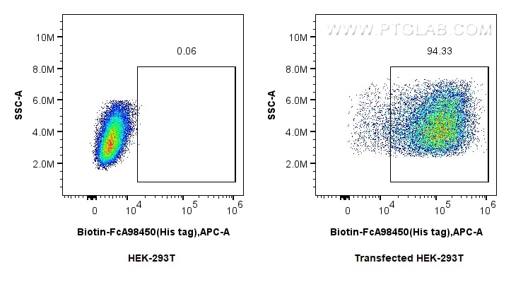 FC experiment of Transfected HEK-293T using Biotin-FcA98450 Flow cytometry (FC) experiment of Transfected HEK-293T cells using FcZero-rAb™ Biotin Anti-6*His, His-Tag Rabbit Reco (Biotin-FcA98450)