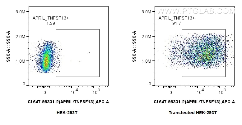 FC experiment of Transfected HEK-293T using CL647-98331-2 Flow cytometry (FC) experiment of Transfected HEK-293T cells using CoraLite® Plus 647 Anti-Mouse APRIL/TNFSF13 Rabbit (CL647-98331-2)