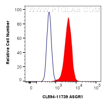 1x10^6 HepG2 cells were surface stained with 0.4 ug CoraLite®594-conjugated ASGR1 Polyclonal antibody (CL594-11739)(red),  or 0.4 ug Isotype Control (blue). Cells were not fixed. Flow cytometry (FC) experiment of HepG2 cells using CoraLite®594-conjugated ASGR1 Polyclonal antibody (CL594-11739)