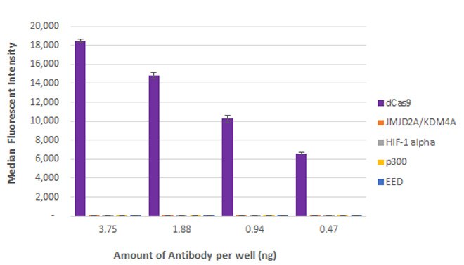 AbFlex Cas9 antibody (rAb) tested by bead-based specificity analysis. Luminex bead-based specificity analysis was used to confirm the specificity of AbFlex Cas9 antibody (rAb) antibody for Cas9. Various proteins were conjugated to MagPlex Luminex beads and incubated with various amounts of AbFlex Cas9 antibody (rAb). Protein-bound antibody was detected with anti-mouse IgG-Phycoerythrin and read in a Luminex instrument. Luminex is a registered trademark of Luminex Corporation.