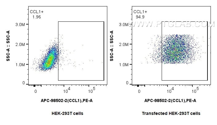 Flow cytometry (FC) experiment of Transfected HEK-293T cells using APC Anti-Mouse CCL1 Rabbit Recombinant Antibody (APC-98502-2)