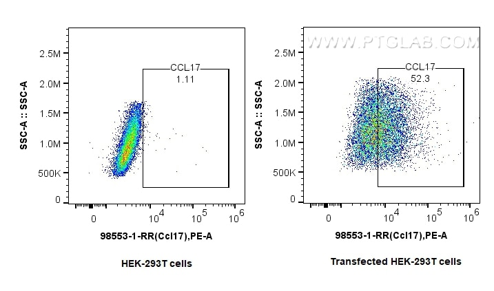 FC experiment of Transfected HEK-293T using 98553-1-RR (same clone as 98553-1-PBS) Flow cytometry (FC) experiment of Transfected HEK-293T cells using Anti-Mouse CCL17/TARC Rabbit Recombinant Antibody (98553-1-RR)