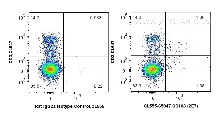 Flow cytometry (FC) experiment of mouse splenocytes using CoraLite® Plus 555 Anti-Mouse CD103 (2E7) (CL555-65047)