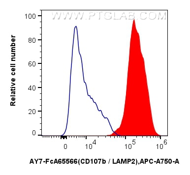 Flow cytometry (FC) experiment of Jurkat cells using FcZero-rAb® APC-Cyanine7 Anti-Human CD107b / LAMP2 (AY7-FcA65566)