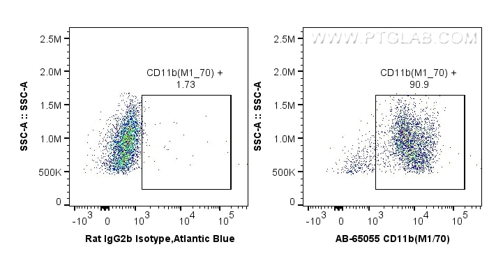Flow cytometry (FC) experiment of mouse bone marrow cells using Atlantic Blue™ Anti-Mouse CD11b (M1/70) (AB-65055)