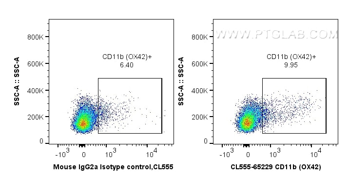 Flow cytometry (FC) experiment of rat splenocytes cells using CoraLite® Plus 555 Anti-Rat CD11b (OX42) (CL555-65229)