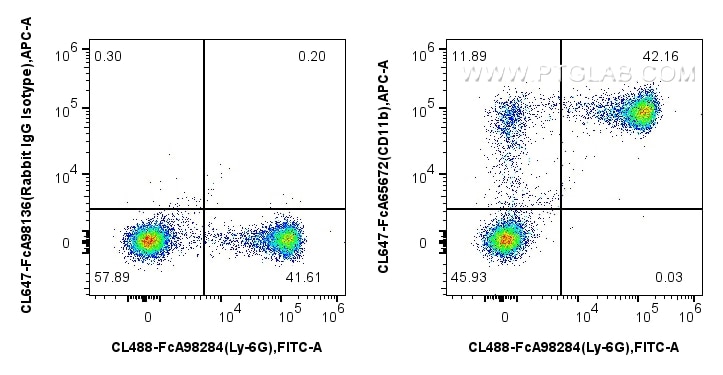 1x10^6 mouse bone marrow cells were surface stained with FcZero-rAb™ CoraLite® Plus 488 Anti-Mouse Ly-6G, and 0.25 ug CoraLite® Plus 647 Anti-Mouse CD11b (M1/70) Rabbit IgG RecAb (CL647-FcA65672, Clone: M1/70) or FcZero-rAb™ CoraLite® Plus 647 Rabbit IgG Isotype Control Recombinant Antibody (CL647-FcA98136, Clone: 240953C9). Cells were not fixed. Flow cytometry (FC) experiment of mouse bone marrow cells using FcZero-rAb™ CoraLite® Plus 647 Anti-Mouse CD11b (M (CL647-FcA65672)