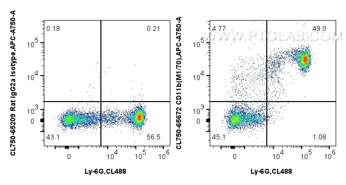 1x10^6 mouse bone marrow cells were surface stained with CoraLite® Plus 488 Anti-Mouse Ly-6G, and 0.25 ug CoraLite® Plus 750 Anti-Mouse CD11b (M1/70) Rat IgG2a RecAb (CL750-65672, Clone: M1/70) or CoraLite® Plus 750 Rat IgG2a Isotype Control (2A3) (CL750-65209, Clone: 2A3). Cells were not fixed. Flow cytometry (FC) experiment of mouse bone marrow cells using CoraLite® Plus 750 Anti-Mouse CD11b (M1/70) Rat Ig (CL750-65672)