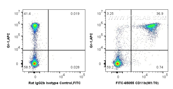 Flow cytometry (FC) experiment of Balb/c mouse bone marrow cells using FITC Plus Anti-Mouse CD11b (M1/70) (FITC-65055)