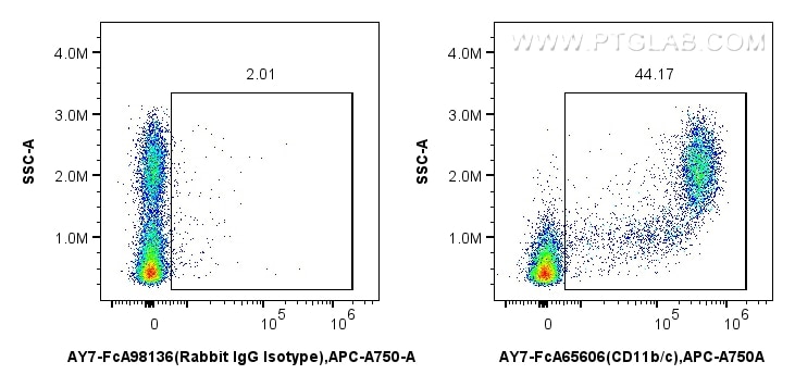 FC experiment of rat bone marrow cells using AY7-FcA65606 Flow cytometry (FC) experiment of rat bone marrow cells using FcZero-rAb® APC-Cyanine7 Anti-Rat CD11b/c (OX42) R (AY7-FcA65606)