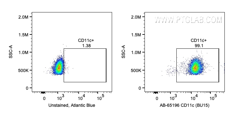 Flow cytometry (FC) experiment of human PBMCs using Atlantic Blue™ Anti-Human CD11c (BU15) (AB-65196)
