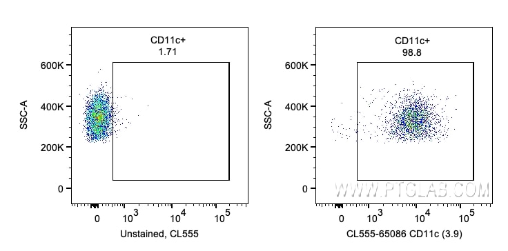 Flow cytometry (FC) experiment of human PBMCs using CoraLite® Plus 555 Anti-Human CD11c (3.9) (CL555-65086)