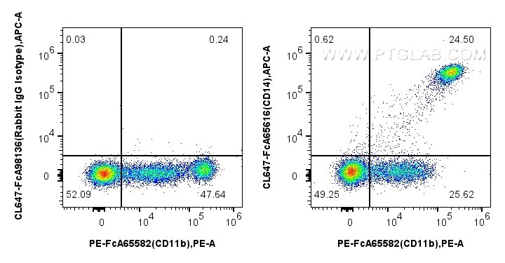 Flow cytometry (FC) experiment of human PBMCs using FcZero-rAb™ CoraLite® Plus 647 Anti-Human CD14 (26 (CL647-FcA65616)