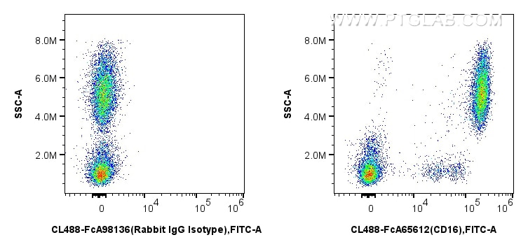 Flow cytometry (FC) experiment of human peripheral blood leukocyte using FcZero-rAb™ CoraLite® Plus 488 Anti-Human CD16 (3G (CL488-FcA65612)