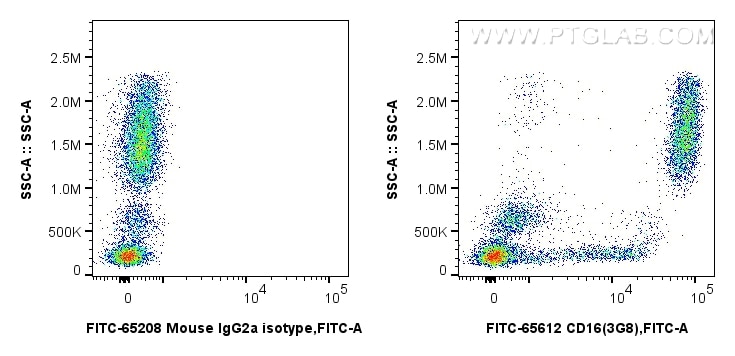 Flow cytometry (FC) experiment of human peripheral blood leukocytes using FITC Plus Anti-Human CD16 (3G8) Mouse IgG2a Recomb (FITC-65612)