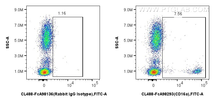 Flow cytometry (FC) experiment of human peripheral blood leukocytes using FcZero-rAb® CoraLite® Plus 488 Anti-Human CD16a Ra (CL488-FcA98293)