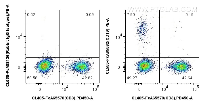FC experiment of human PBMCs using CL555-FcA65562 Flow cytometry (FC) experiment of human PBMCs using FcZero-rAb® CoraLite® Plus 555 Anti-Human CD19 (4G (CL555-FcA65562)