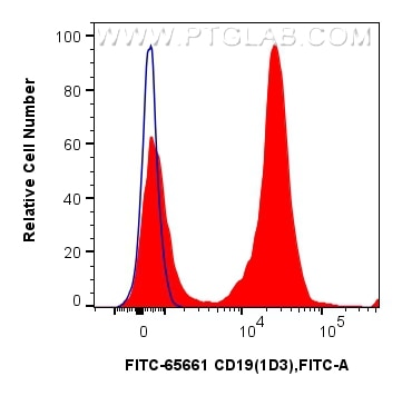 Flow cytometry (FC) experiment of mouse splenocytes using FITC Plus Anti-Mouse CD19 (1D3) Rat IgG2a Recombin (FITC-65661)
