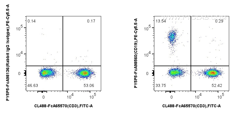 Flow cytometry (FC) experiment of human PBMCs using FcZero-rAb® PE-Cyanine5.5 Anti-Human CD19 Rabbit R (PY5P5-FcA98560)
