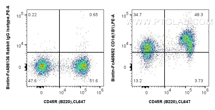 1x10^6 mouse splenocytes were surface stained with APC Anti-Mouse CD45R (B220) (RA3-6B2), and 0.25 ug Biotin Anti-Mouse CD1d (1B1) Rabbit IgG RecAb (Biotin-FcA65652, Clone:1B1) or 0.25 ug Rabbit IgG Isotype Control RecAb (Biotin-FcA98136, Clone: 240953C9), and PE-conjugated streptavidin. Cells were not fixed. Flow cytometry (FC) experiment of mouse splenocytes using FcZero-rAb™ Biotin Anti-Mouse CD1d (1B1) Rabbit Ig (Biotin-FcA65652)