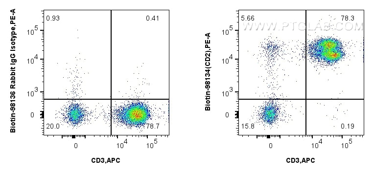 1x10^6 human PBMCs were surface stained with 0.25 ug Biotin Anti-Human CD2 Rabbit RecAb (Biotin-98134, Clone: 241222E2) or Biotin Rabbit IgG Isotype Control Recombinant Antibody (Biotin-98136, Clone: 240953C9), and Streptavidin-PE Conjugate (PE-PF00030). Cells were co-stained with APC Anti-Human CD3 (OKT3) Mouse IgG2a Recombinant Antibody (APC-65569, Clone: OKT3). Cells were not fixed. Lymphocytes were gated. Flow cytometry (FC) experiment of human PBMCs using Biotin Anti-Human CD2 Rabbit Recombinant Antibody (Biotin-98134)