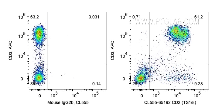 Flow cytometry (FC) experiment of human PBMCs using CoraLite® Plus 555 Anti-Human CD2 (TS1/8) (CL555-65192)