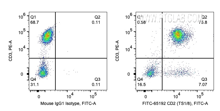 Flow cytometry (FC) experiment of human PBMCs using FITC Plus Anti-Human CD2 (TS1/8) (FITC-65192)