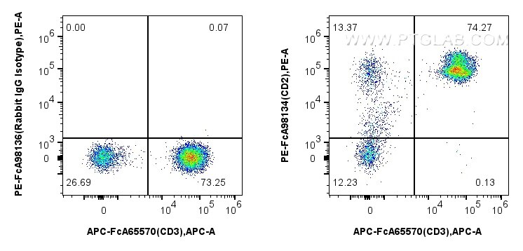 Flow cytometry (FC) experiment of human PBMCs using FcZero-rAb™ PE Anti-Human CD2 Rabbit Recombinant A (PE-FcA98134)