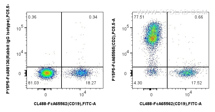 Flow cytometry (FC) experiment of human PBMCs using FcZero-rAb™ PE-Cyanine5.5 Anti-Human CD2 (TS1/8) R (PY5P5-FcA65565)
