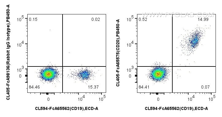 Flow cytometry (FC) experiment of human PBMCs using FcZero-rAb® CoraLite® Plus 405 Anti-Human CD20 (2H (CL405-FcA65575)