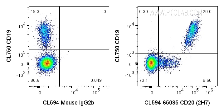 Flow cytometry (FC) experiment of human PBMCs using CoraLite® Plus 594 Anti-Human CD20 (2H7) (CL594-65085)