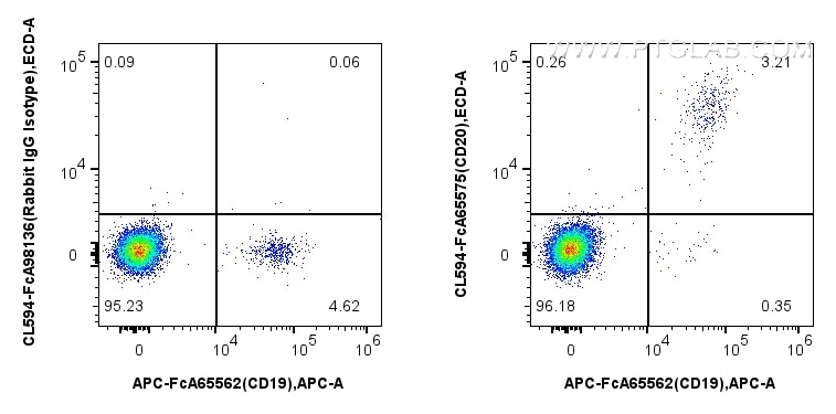 Flow cytometry (FC) experiment of human PBMCs using FcZero-rAb™ CoraLite®594 Anti-Human CD20 (2H7) Rab (CL594-FcA65575)