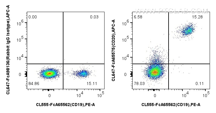 FC experiment of human PBMCs using CL647-FcA65575 Flow cytometry (FC) experiment of human PBMCs using FcZero-rAb® CoraLite® Plus 647 Anti-Human CD20 (2H (CL647-FcA65575)