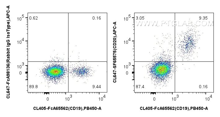 FC experiment of human PBMCs using CL647-SF65575 Flow cytometry (FC) experiment of human PBMCs using CoraLite® Plus 647 Anti-Human CD20 Mouse scFv Anti (CL647-SF65575)
