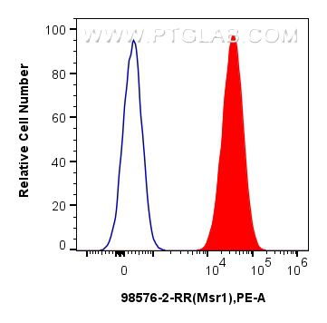 1x10^6 RAW 264.7 cells were surface stained with 0.25 ug Anti-Mouse CD204 Rabbit RecAb (98576-2-RR, Clone: 251367F5) (red) or 0.25 ug Rabbit IgG Isotype Control RecAb (98136-1-RR, Clone: 240953C9) (blue), and PE-Conjugated Goat Anti-Rabbit IgG(H+L). Cells were not fixed. Flow cytometry (FC) experiment of RAW 264.7 cells using Anti-Mouse CD204 Rabbit Recombinant Antibody (98576-2-RR)