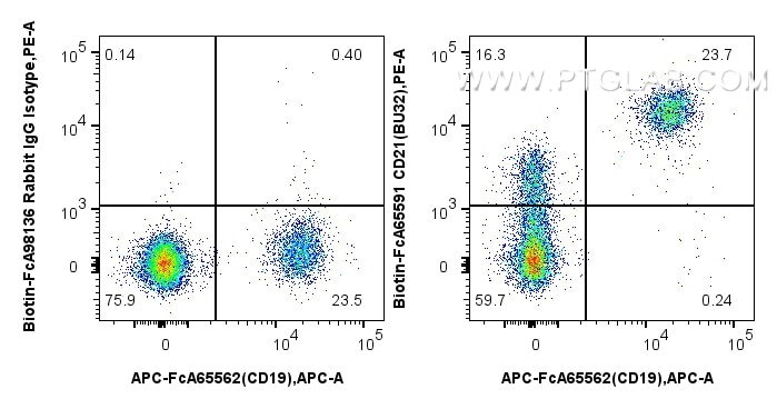 Flow cytometry (FC) experiment of human PBMCs using FcZero-rAb™ Biotin Anti-Human CD21 (BU32) Rabbit I (Biotin-FcA65591)