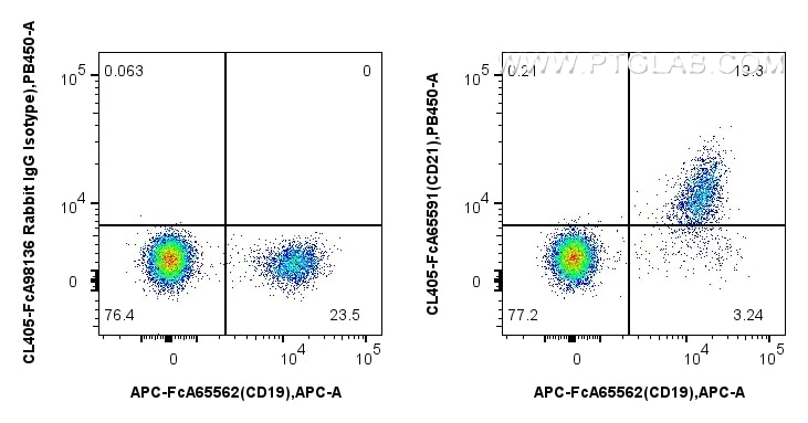 FC experiment of human PBMCs using CL405-FcA65591 Flow cytometry (FC) experiment of human PBMCs using FcZero-rAb® CoraLite® Plus 405 Anti-Human CD21 (BU (CL405-FcA65591)