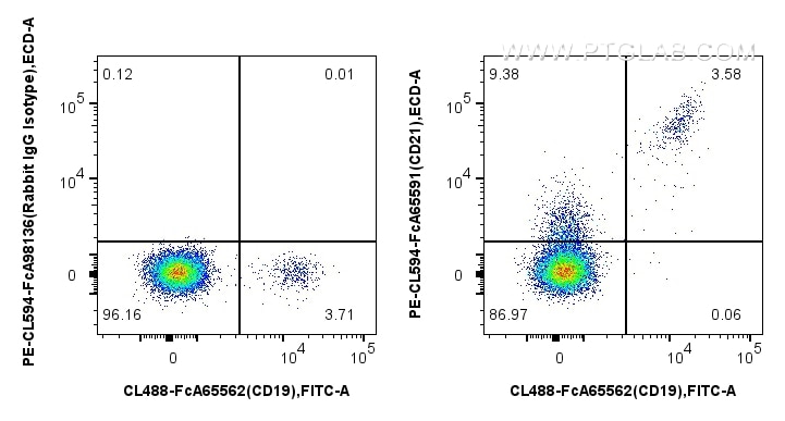FC experiment of human PBMCs using PCL594-FcA65591 Flow cytometry (FC) experiment of human PBMCs using FcZero-rAb® PE-CoraLite® Plus 594 Anti-Human CD21 (PCL594-FcA65591)