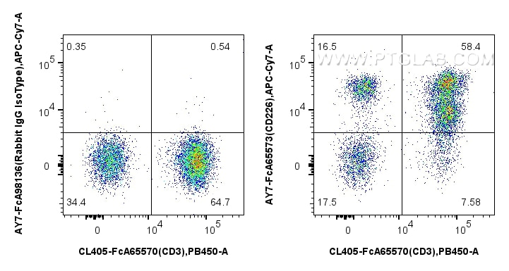 Flow cytometry (FC) experiment of human PBMCs using FcZero-rAb® APC-Cyanine7 Anti-Human CD226 (11A8) R (AY7-FcA65573)