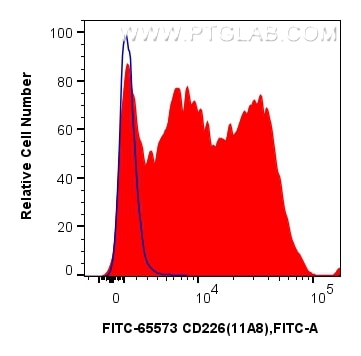 1x10^6 human PBMCs were surface stained with 5 ul FITC Plus Anti-Human CD226 (11A8) Mouse IgG2a RecAb (FITC-65573, Clone: 11A8) (red) or FITC Plus Mouse IgG2a Isotype Control (C1.18.4) (FITC-65208, Clone: C1.18.4) (blue). Cells were not fixed. Flow cytometry (FC) experiment of human PBMCs using FITC Plus Anti-Human CD226 (11A8) Mouse IgG2a Reco (FITC-65573)