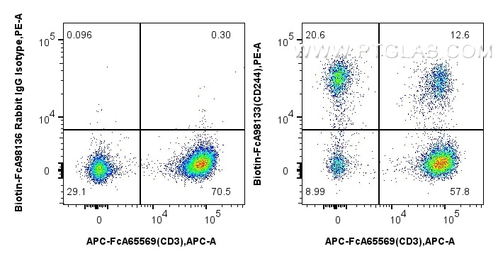 1x10^6 human PBMCs were surface stained with FcZero-rAb™ APC Anti-Human CD3, and 0.25 ug Biotin Anti-Human CD244 Rabbit RecAb (Biotin-FcA98133, Clone: 241260G10) or FcZero-rAb™ Biotin Rabbit IgG Isotype Control Recombinant Antibody (Biotin-FcA98136, Clone: 240953C9), and Streptavidin-PE Conjugate (PE-PF00030). Cells were not fixed. Flow cytometry (FC) experiment of human PBMCs using FcZero-rAb™ Biotin Anti-Human CD244 Rabbit Recombi (Biotin-FcA98133)