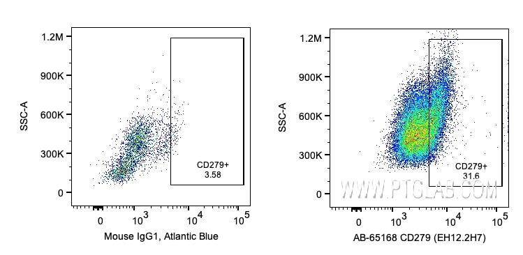 Flow cytometry (FC) experiment of human PBMCs using Atlantic Blue™ Anti-Human PD-1/CD279 (EH12.2H7) (AB-65168)