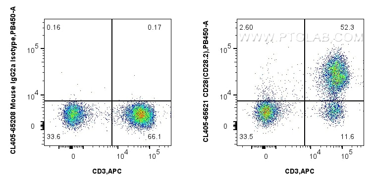 1x10^6 human PBMCs were surface stained with APC Anti-Human CD3, and 5 ul CoraLite® Plus 405 Anti-Human CD28 (CD28.2) Mouse IgG2a RecAb (CL405-65621, Clone: CD28.2) or CoraLite® Plus 405 Mouse IgG2a Isotype Control (C1.18.4) (CL405-65208, Clone: C1.18.4). Cells were not fixed. Lymphocytes were gated. Flow cytometry (FC) experiment of human PBMCs using CoraLite® Plus 405 Anti-Human CD28 (CD28.2) Mouse (CL405-65621)